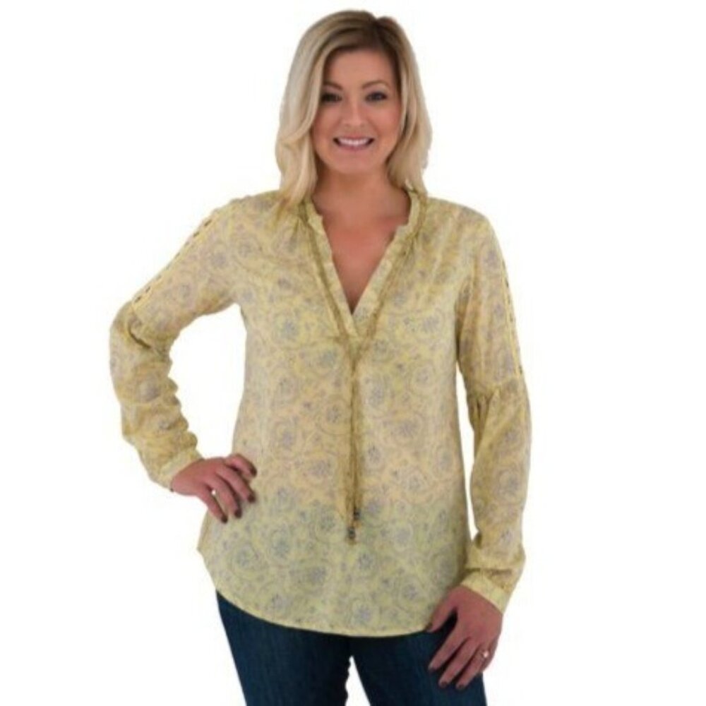 NWT Noble Outfitters XS Shirt Yellow Paisley Peasant Blouse Folklore Lace 21007